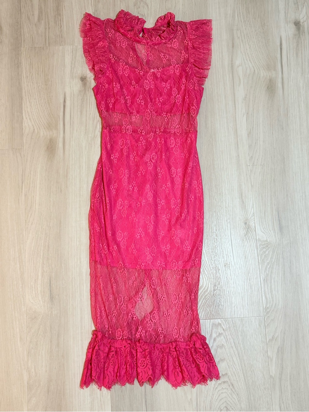 Fuchsia/Pink Lace Ruffle Midi Dress